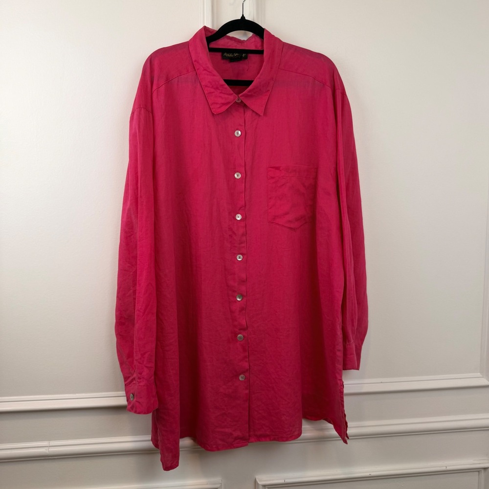 Ashley Stewart Hot Pink 100% Ramie Button Up Shirt Blouse Plus Size 22